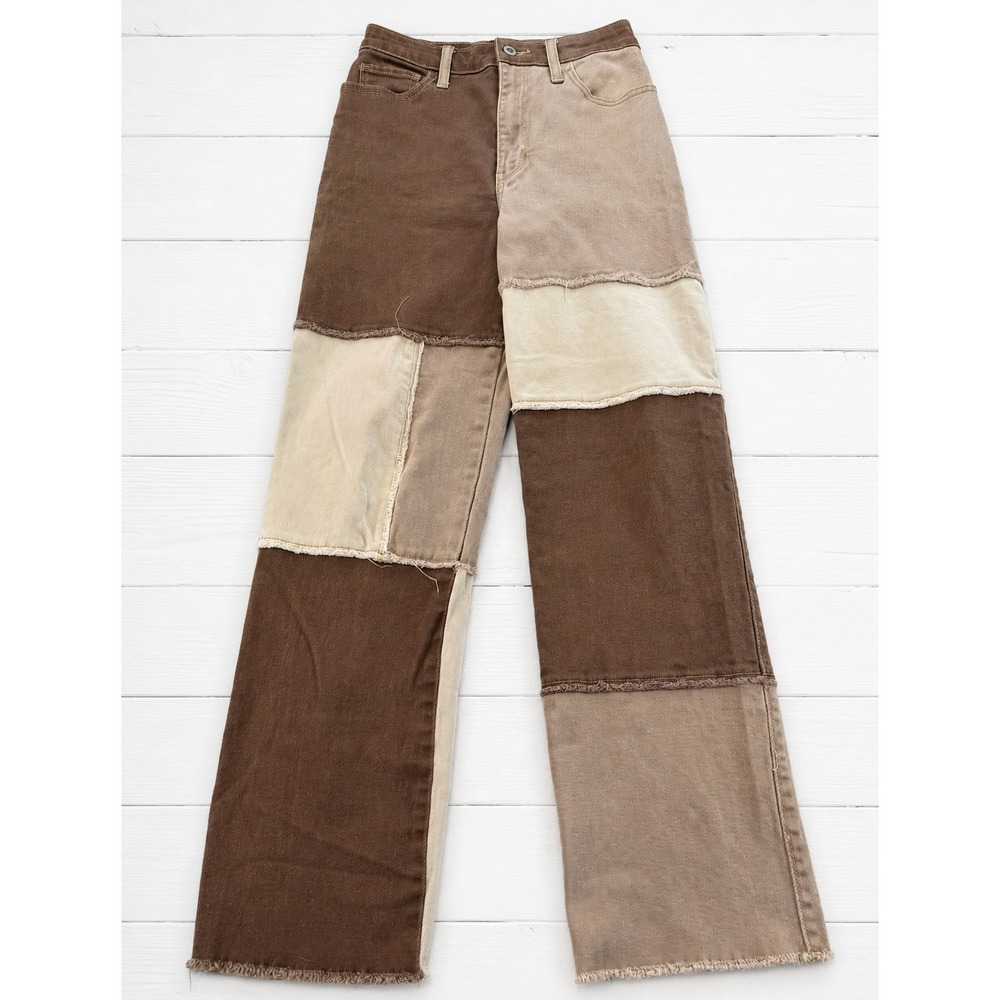 Hollister Ultra High-Rise Dad Jean Brown Tan Patchwork Raw Hem Wide Leg Size 1R